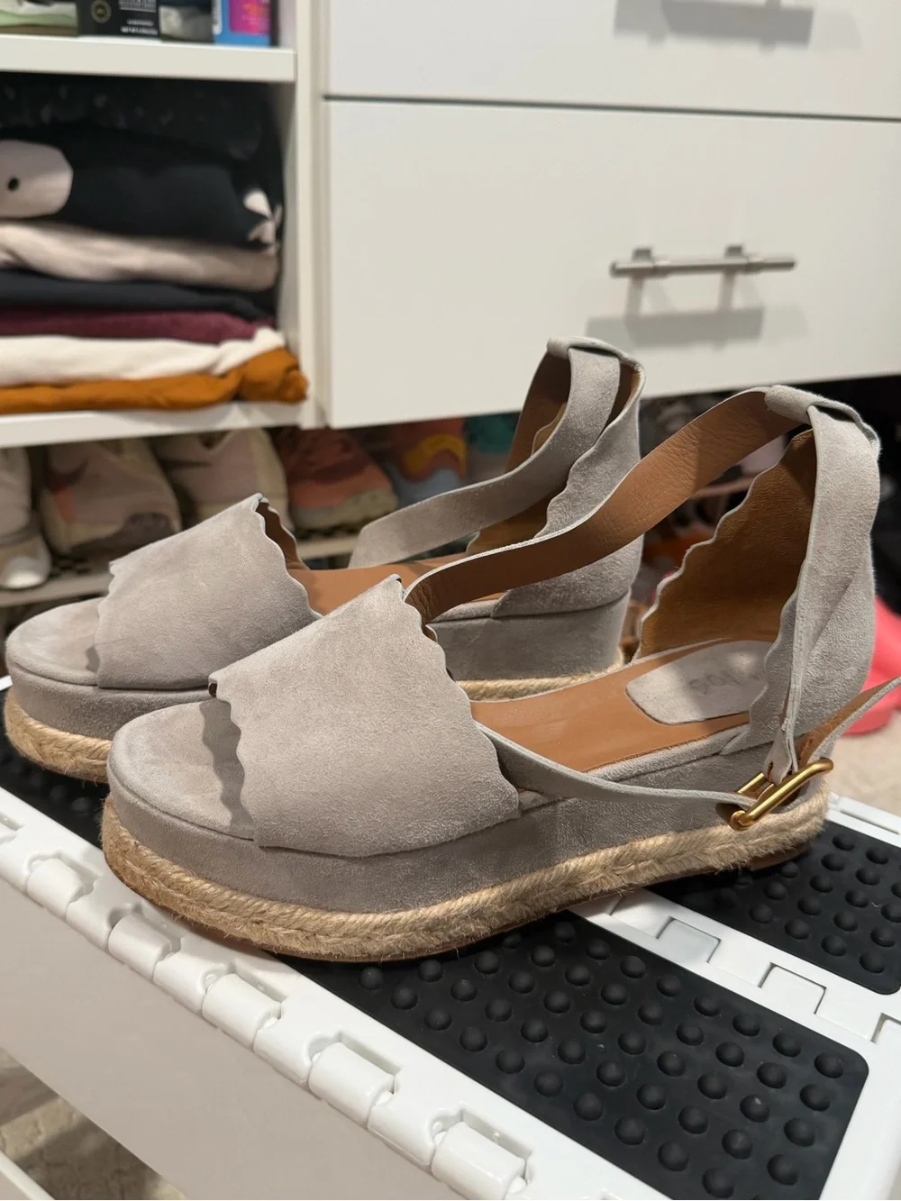 Chloe Light Gray Suede Scalloped Espadrille Platform Sandals